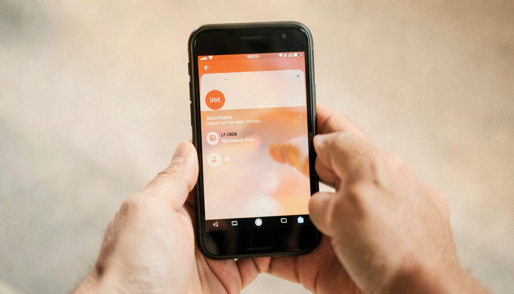 Jio Phone LF-2403N ekraanil kuvatakse Androidi taaste menüüd, sõrmed vajutavad helitugevuse nuppe. Taust on tume, ekraani valgus heidab sinakat kuma.