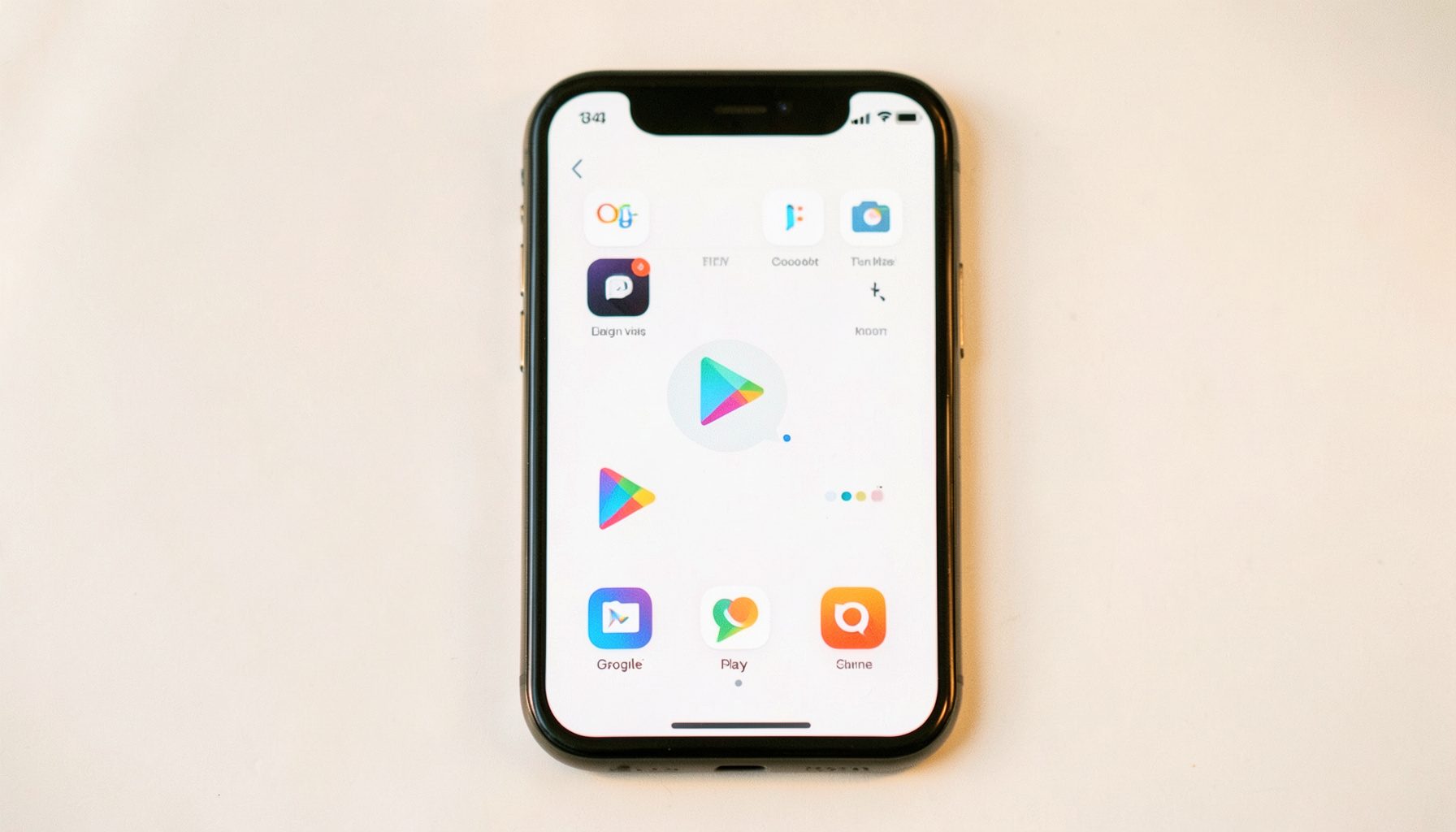 Lähivõte iPhone'i ekraanist, kus kuvatakse Google Play ikoon koos teiste rakendustega heledal taustal. Ekraan on hele ja puhas, domineerivad valged ja hallid toonid koos värviliste rakenduste ikoonidega.