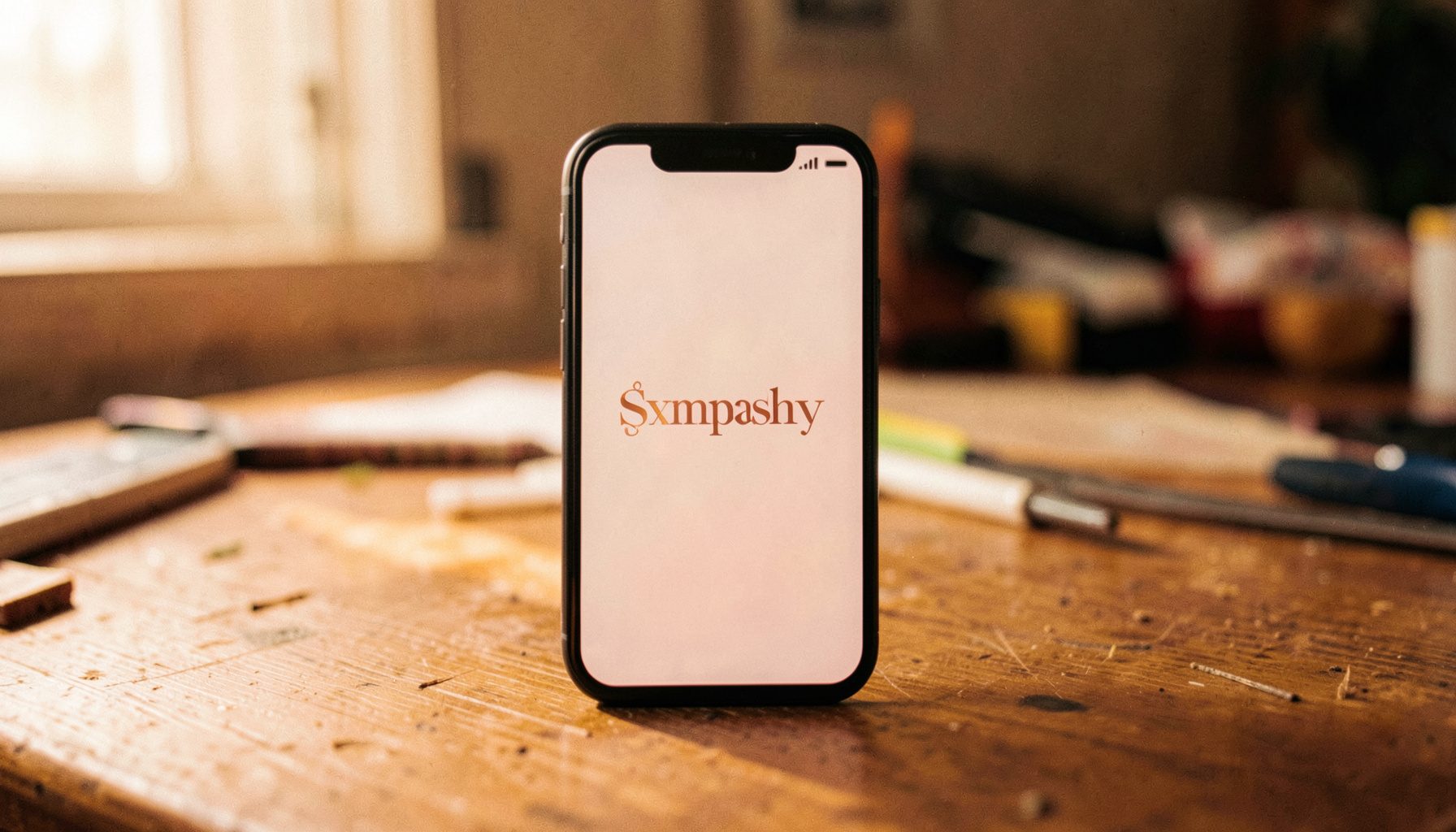 Mobiiltelefoni ekraanil vilkuv Symphony logo, tagaplaanil udune töölaud sinakashallis valguses.