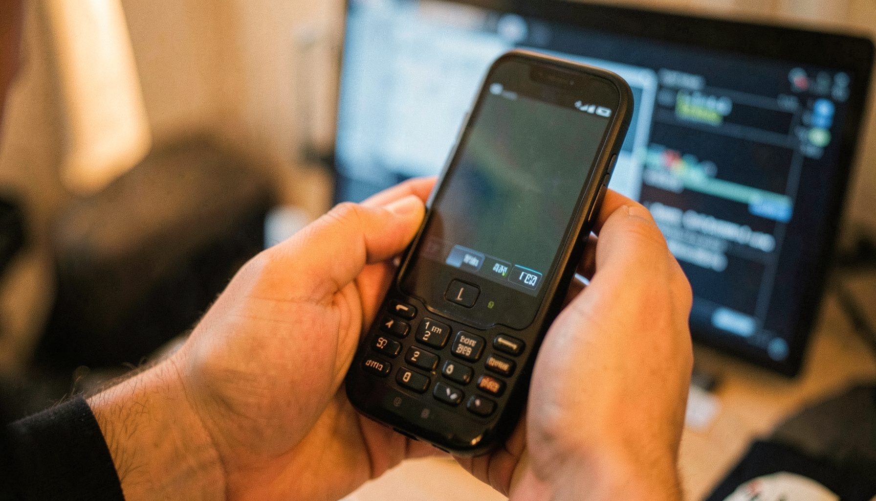 Käed hoidmas lahti võetud telefoni emaplaati, taustal arvutiekraan sinise tehnilise liidesega.