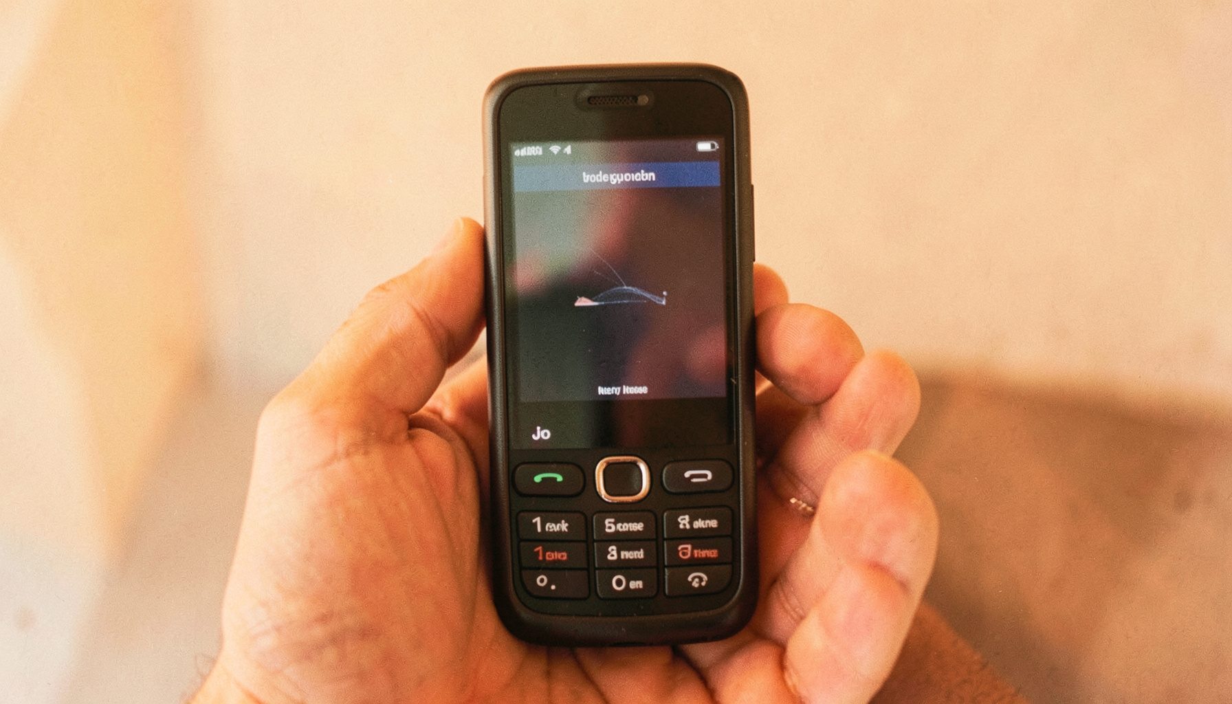 Jio feature phone käes, ekraanil taaskäivituse animatsioon. Taustal on hele sein ja loomulik päevavalgus.