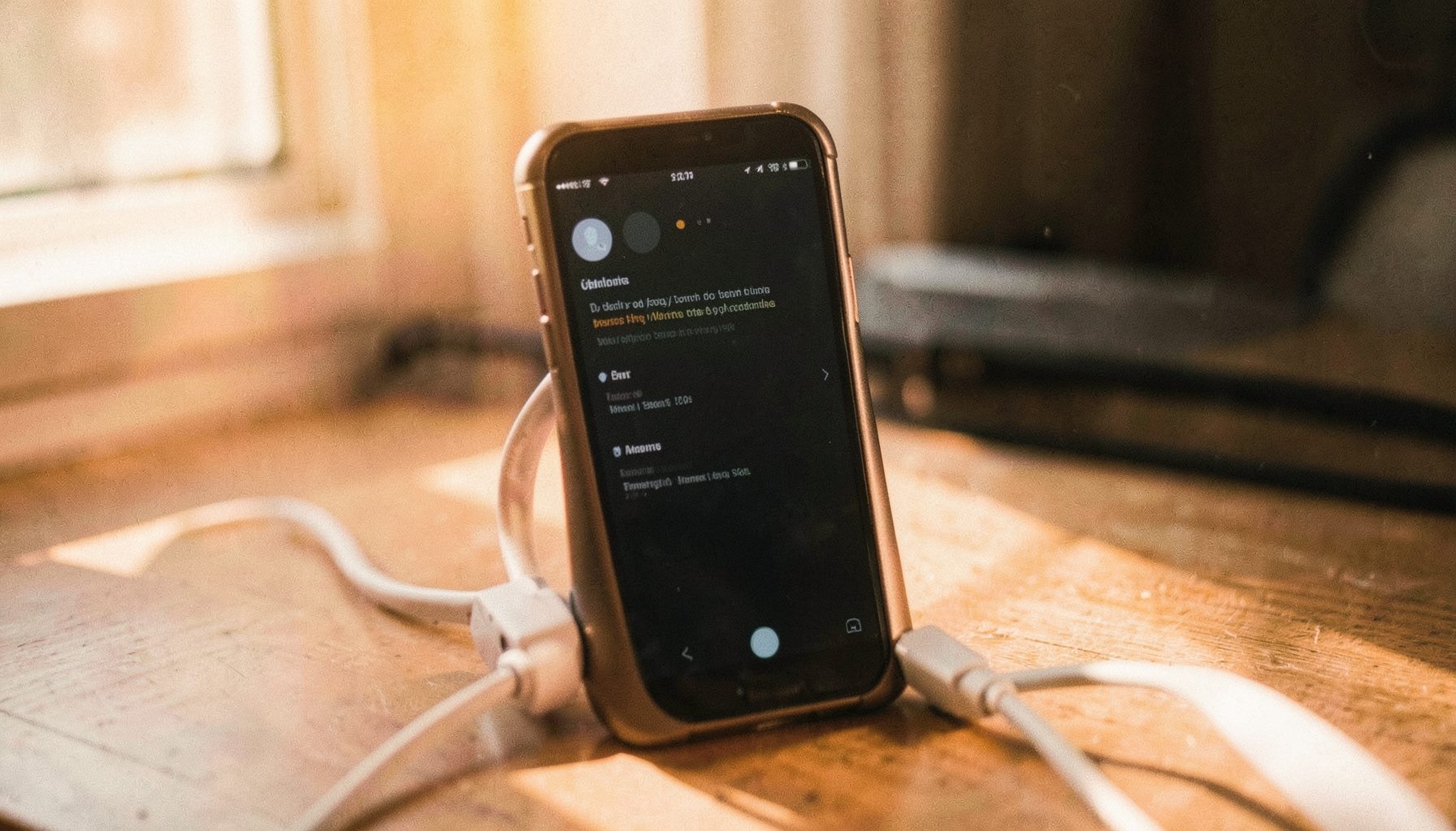 Telefon ühendatud USB-kaabli kaudu sülearvutiga; ekraanil tume taasterežiimi menüü.