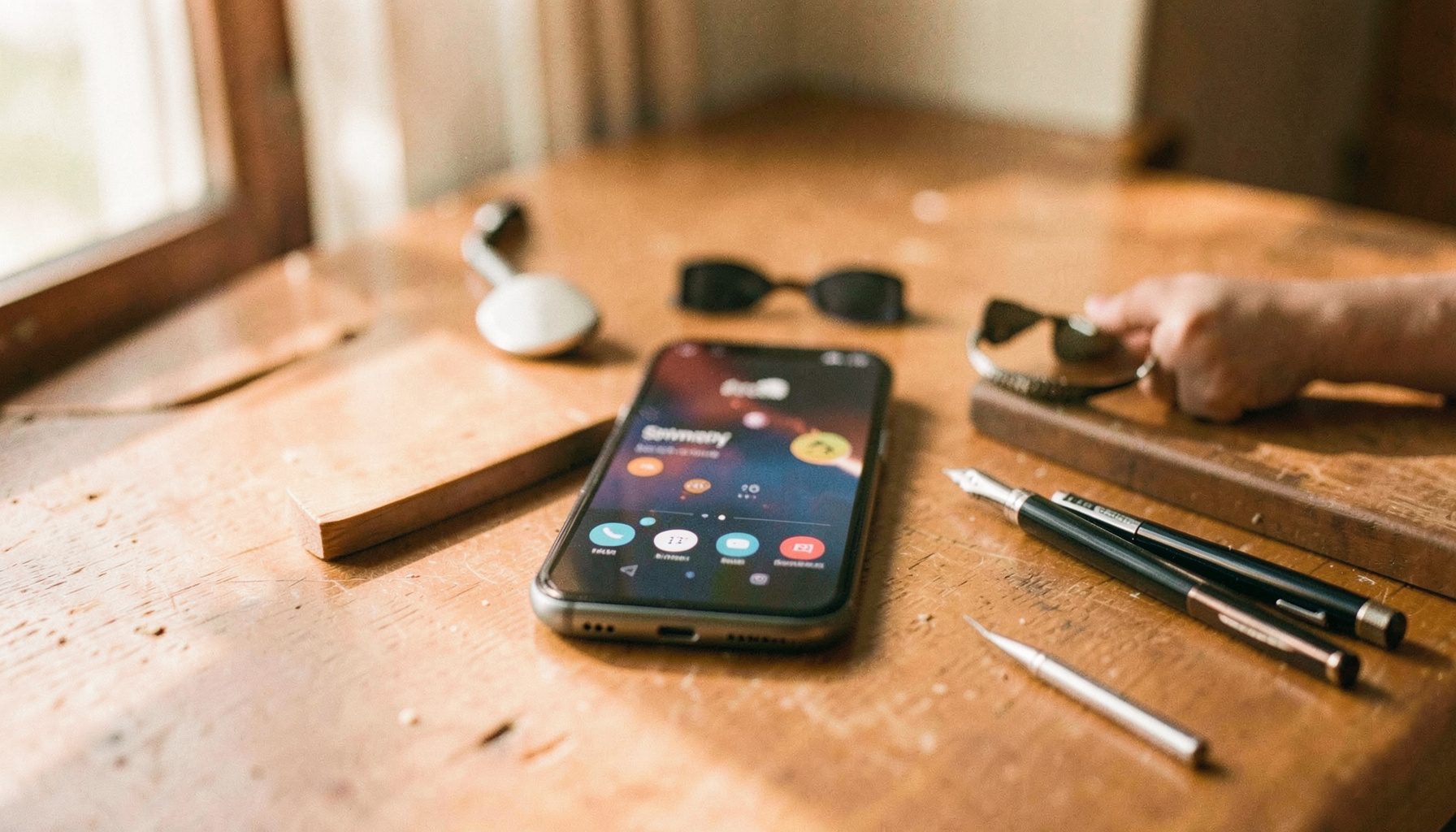 Töölaual lebav Symphony telefon, kõrval mälupulk ja kruvikeerajad; soe töötoa valgustus.